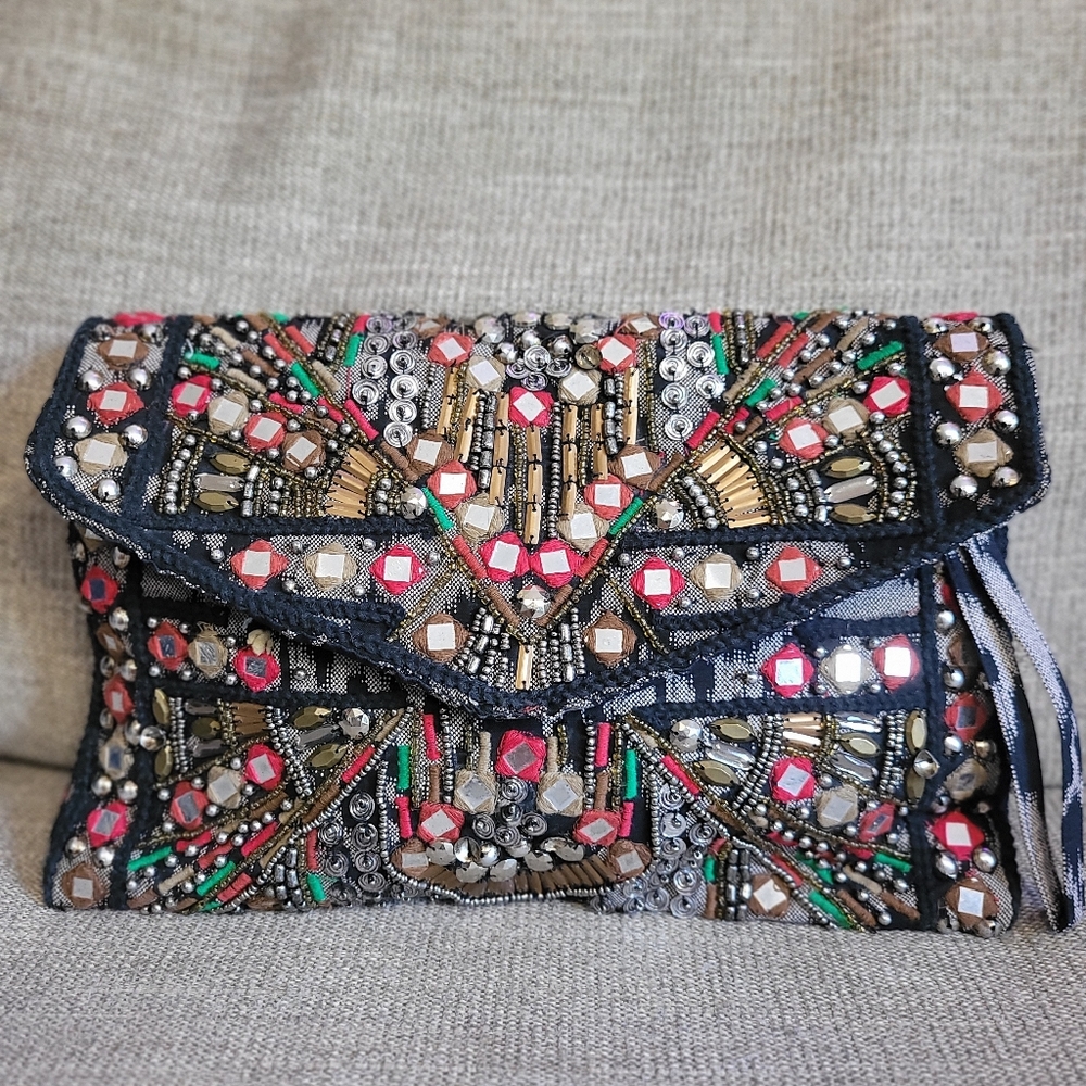 Zara Embellished Beaded Clutch Bag - Multicolor EUC